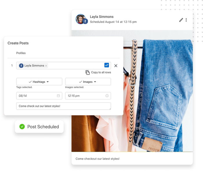 Retail social media post overlaid with a social media scheduling tool Retail social media scheduler