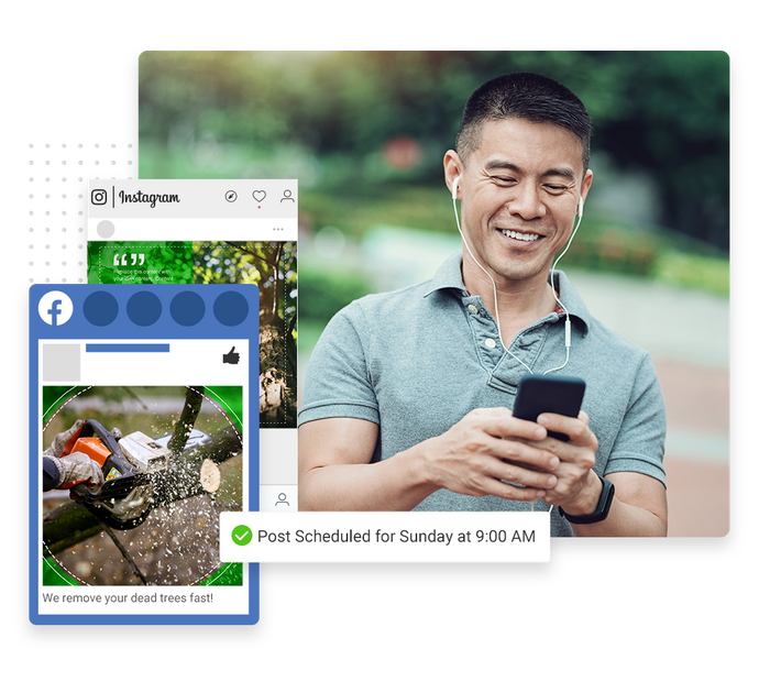 Smiling man with phone and headphones overlaid with social posts and a checkmark indicating social posts were scheduled tree care social media marketing