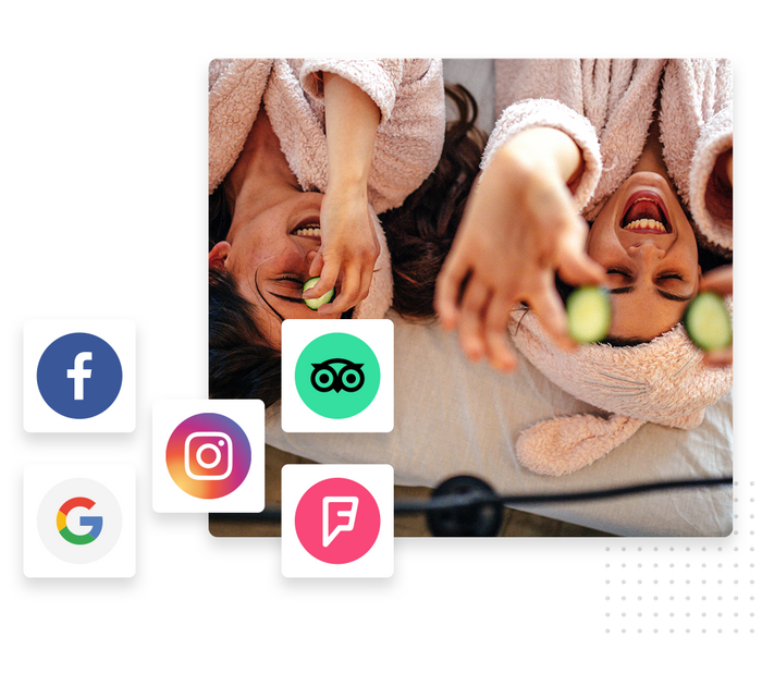 Two happy women getting spa treatments overlaid with icons for local sites and directories spa listings management