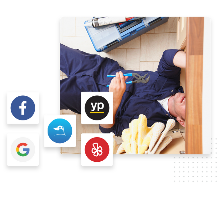 A plumber working under a sink overlaid with icons for local sites and directories plumber listings management