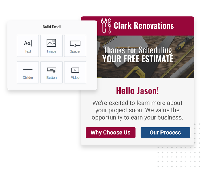 Contractor marketing email overlaid with email editor from Marketing 360® Nurture Contractor email marketing
