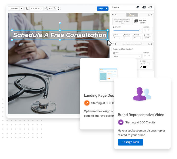 Medical website banner being built in Banner Builder overlaid with task descriptions medical website banner