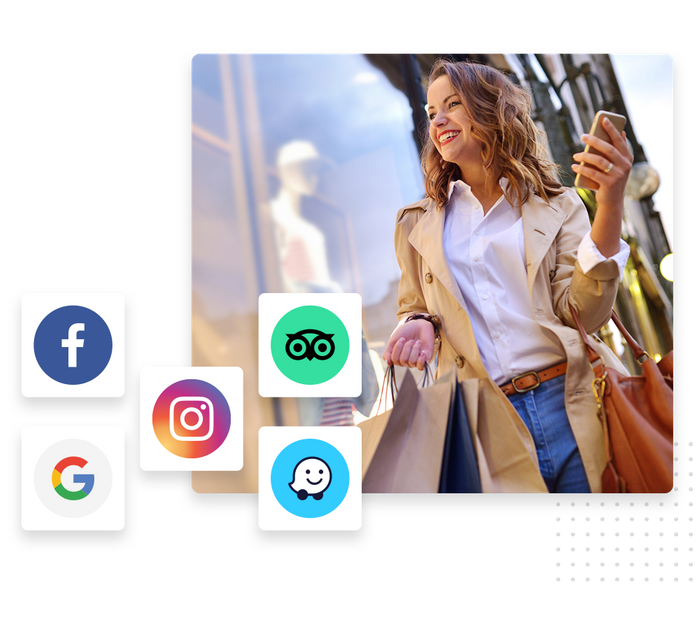 Smiling woman with shopping bags and phone overlaid with icons for local sites and directories retail listings management