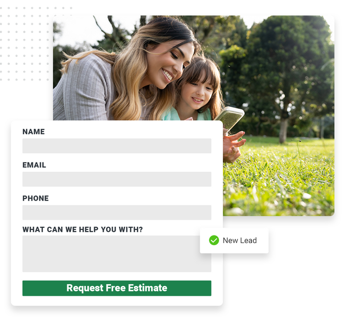 Mom and daughter outside looking at phone overlaid with an estimate request form and a checkmark that says 'new lead' tree care website forms