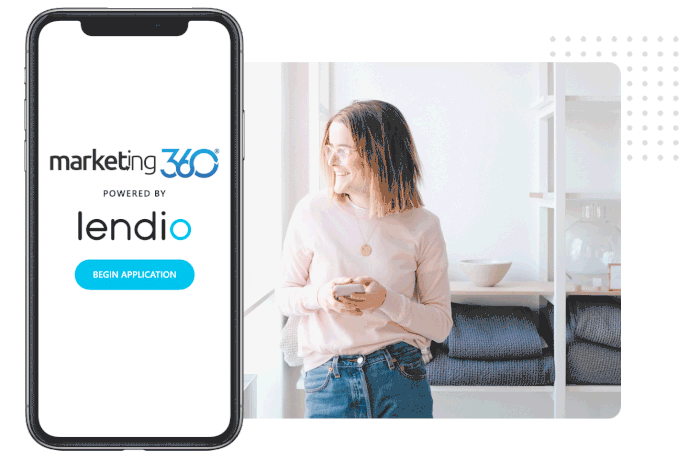 Woman in retail store looking at the window and holding a smartphone overlaid with a Lendio application for PPP Lendio application