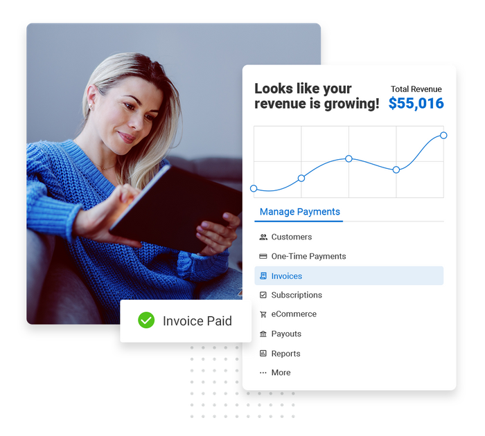 Woman looking at tablet overlaid with revenue growth chart and a checkmark that says "Invoice paid Event planner payments software