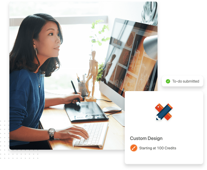 Woman working on a computer and using a stylus on a tablet overlaid with design task details Custom design task detail