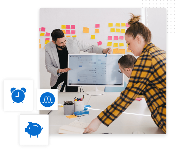 Marketing manager giving a presentation to a young marketing team overlaid with icons Marketing management