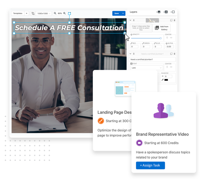 Small business website banner being built in Banner Builder overlaid with task descriptions small business website banner