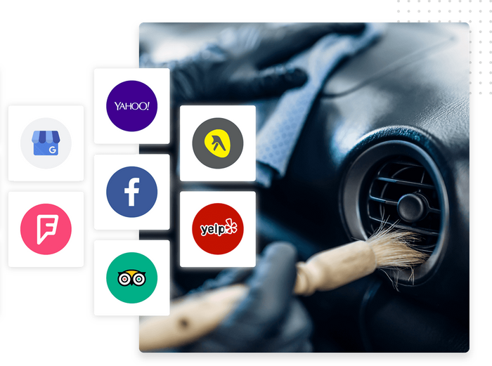 Close-up of car being detailed overlaid with icons for local websites and directories Auto detail shop listings management