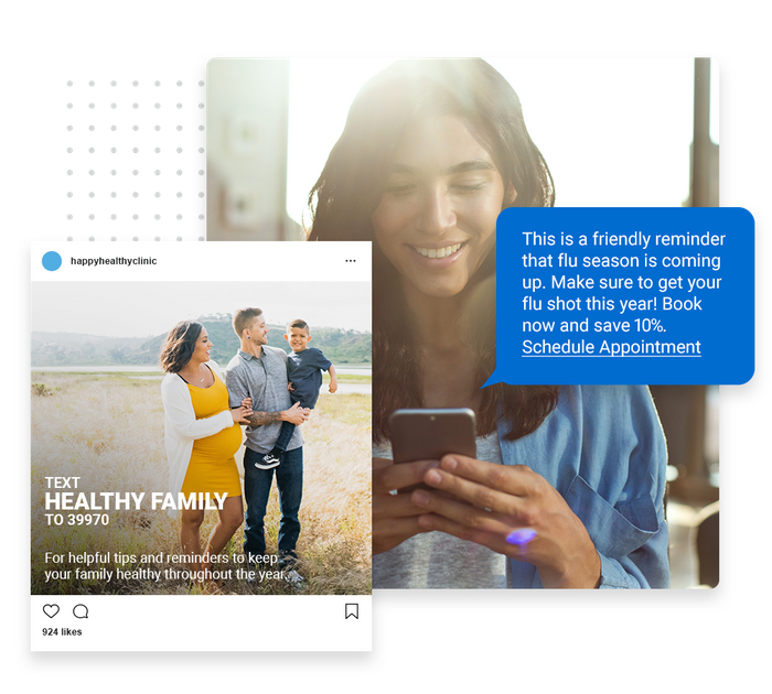Smiling woman looking at phone overlaid with a marketing text and social ad for a medical practice medical text message marketing