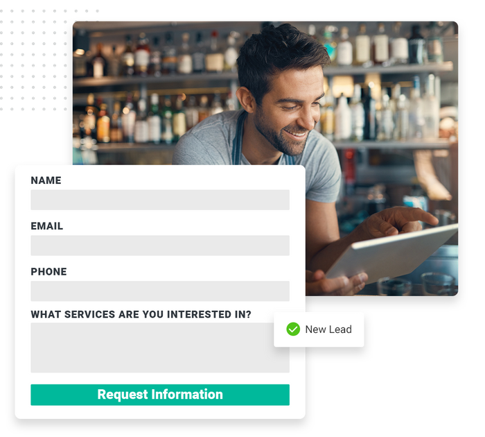 Smiling bartender looking at tablet overlaid with an information request form and a checkmark that says 'new lead' Franchise website forms