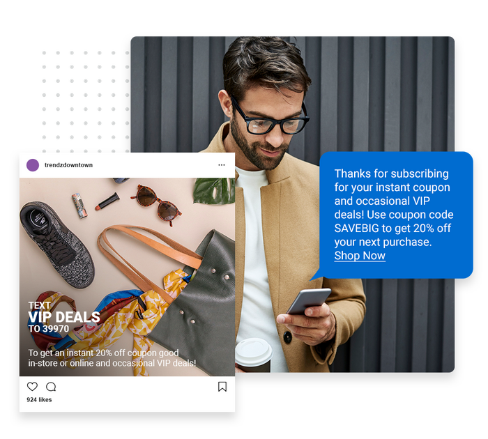 Man looking at phone overlaid with a marketing text and social ad for a retail store retail text message marketing
