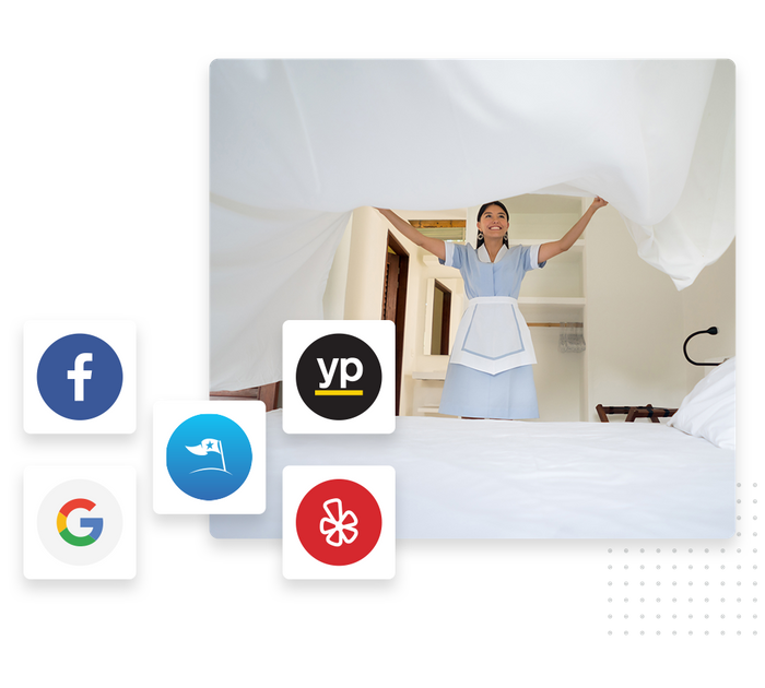 Smiling house cleaner changing sheets overlaid with icons for local sites and directories house cleaning listings management