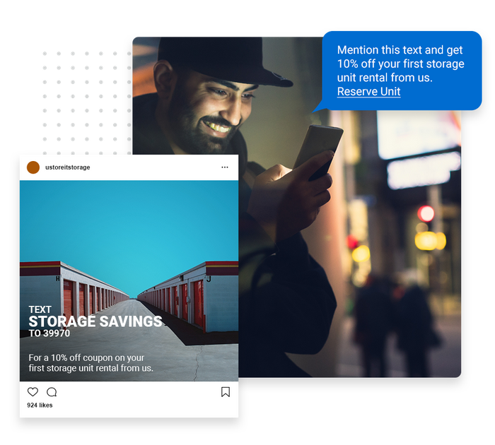 Smiling man looking at phone overlaid with a marketing text and social ad for a self storage center self storage text message marketing