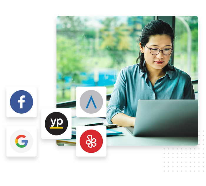 Business woman looking at laptop in an office overlaid with icons for local sites and directories Accountant local listings software
