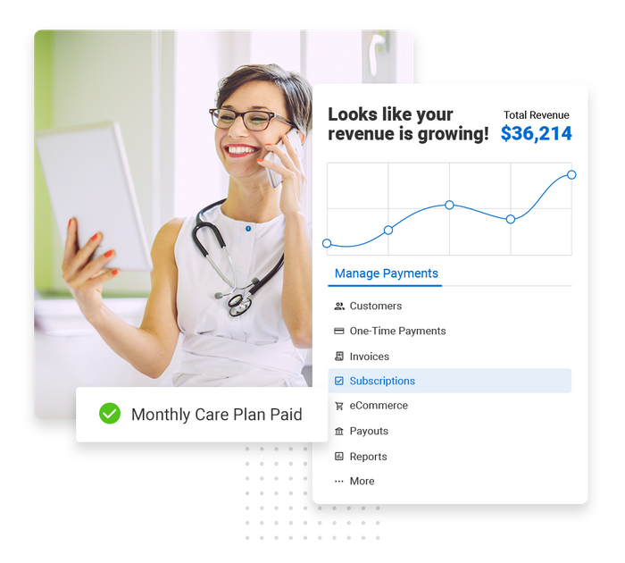 Smiling doctor holding a tablet overlaid with a check mark indicating the care plan was paid and a revenue growth chart Assisted living payments software