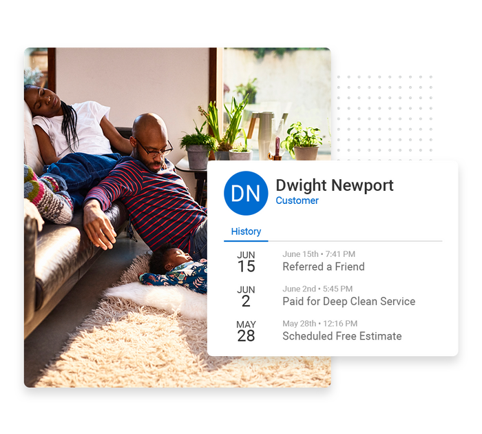 Family lounging on rug overlaid with client history details from the Marketing 360® CRM Carpet cleaning CRM