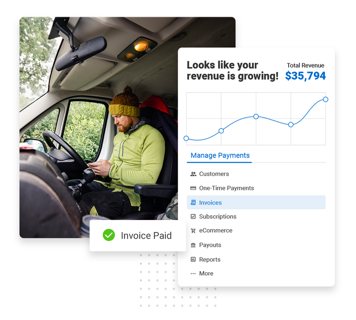 Tree care professional in truck overlaid with revenue growth chart and a checkmark that says "Invoice paid tree care payments software