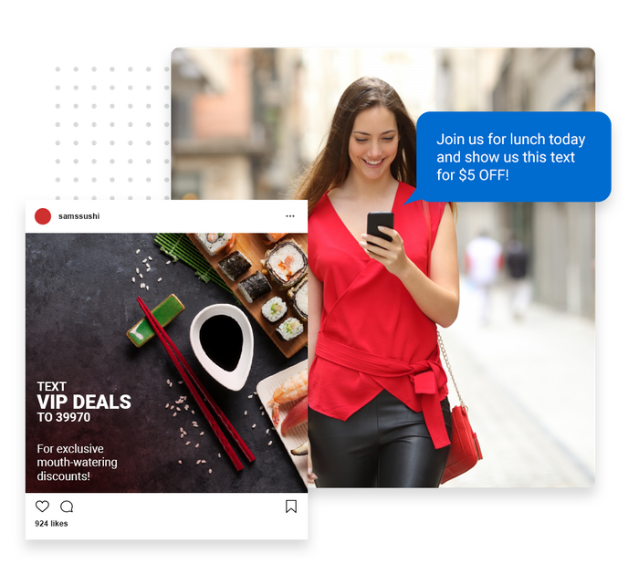 Smiling woman looking at phone overlaid with a marketing text and social ad for a restaurant restaurant text message marketing