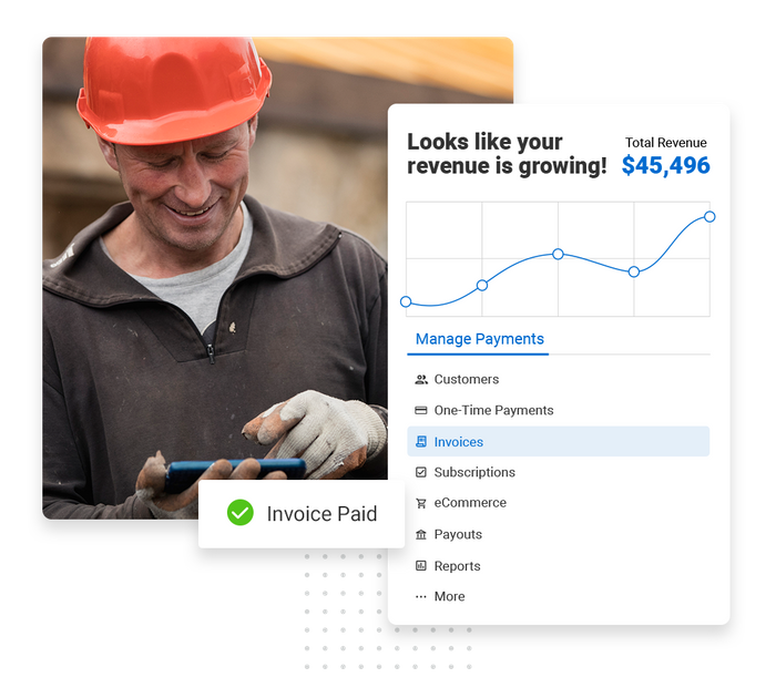 Smiling roofer with phone overlaid with revenue growth chart and a checkmark that says "Invoice paid roofer payments software