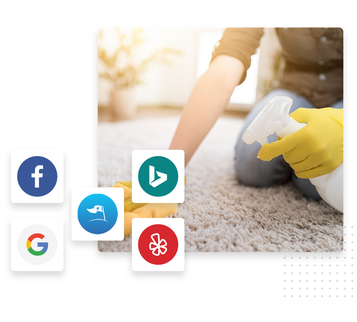 Woman scrubbing carpet overlaid with icons for local sites and directories Carpet cleaning listings management