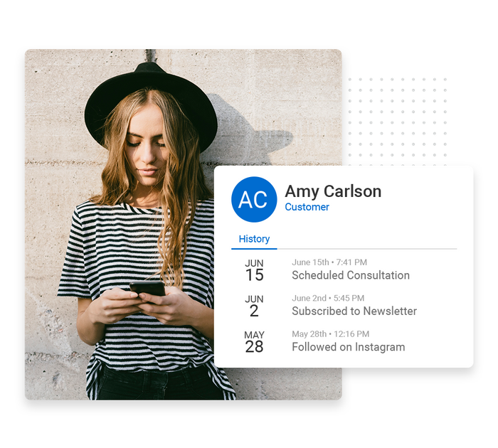 Woman wearing hat looking at phone overlaid with client history details from the Marketing 360® CRM personal brand CRM