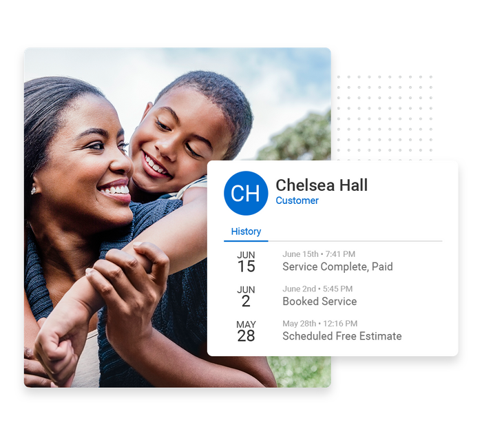 Smiling mom and son overlaid with client history details from the Marketing 360® CRM tree care CRM