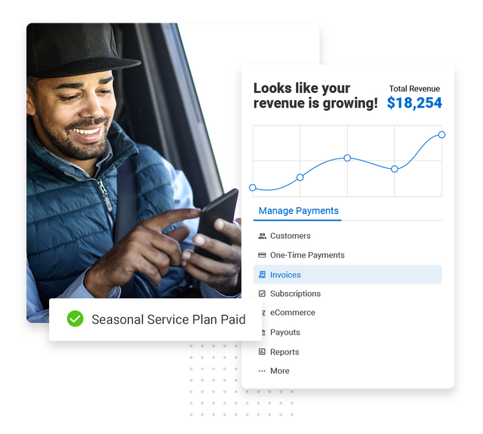 Smiling man looking at a phone overlaid with revenue growth chart and a checkmark that says "seasonal service plan paid" pest control payments software