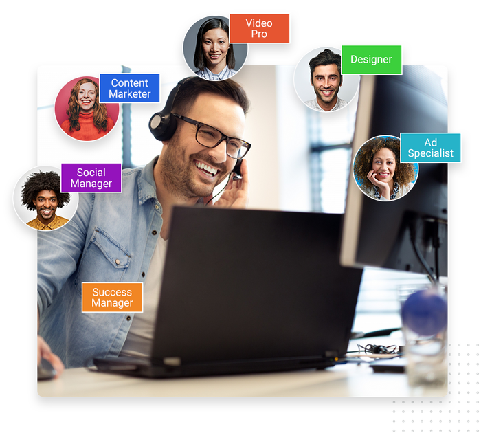 Smiling marketing manager wearing a headset and looking at a computer overlaid with different members of the marketing team Marketing team