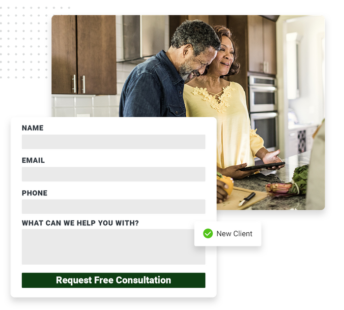 Smiling couple in kitchen with smartphone overlaid with a consultation request form and a checkmark that says 'new client' Financial website forms
