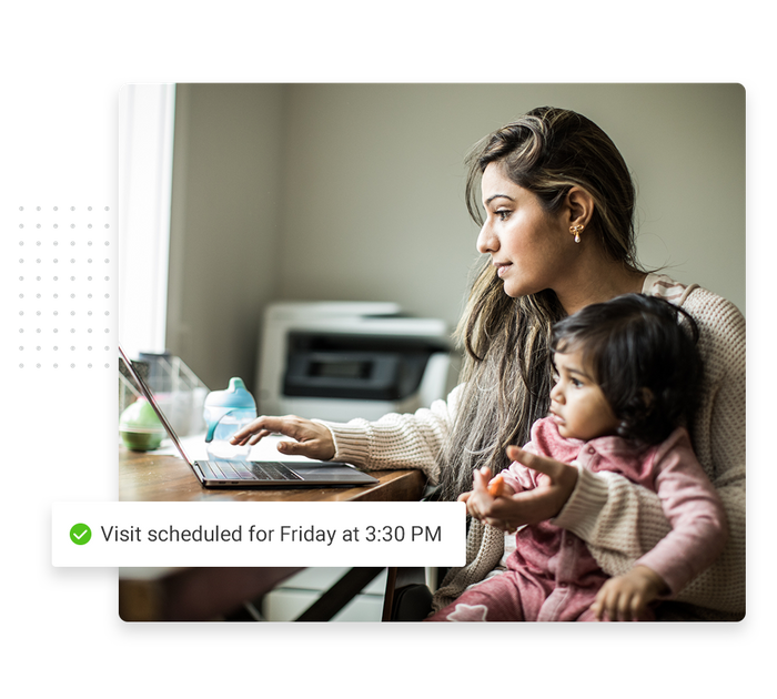 Mom and daughter browsing a laptop overlaid with a checkmark that says 'Visit scheduled for Friday at 3:30 PM' Child care scheduling software