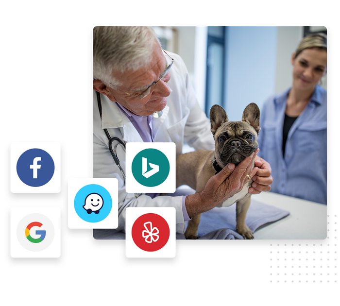 Smiling vet with dog overlaid with icons for local sites and directories veterinarian local listings management