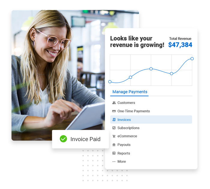Smiling event planner with tablet overlaid with revenue growth chart and a checkmark that says "Invoice paid venue payment software