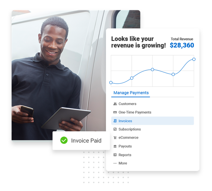 Smiling plumber leans against van overlaid with revenue growth chart and a checkmark that says "Invoice paid Plumbing payments software