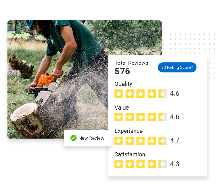 Tree care professional sawing through stump overlaid with a total reviews graphic and a checkmark that says 'new review' tree care performance monitoring
