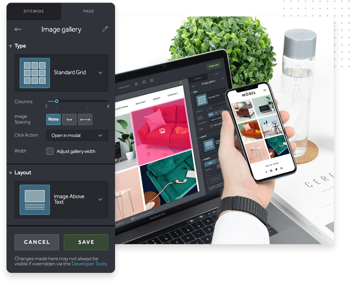Laptop and smartphone displaying website builder overlaid with image gallery editing tools Website builder