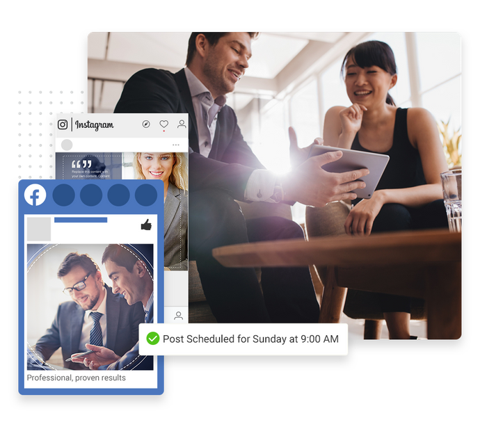 Consultant looking at tablet with client overlaid with social posts and a checkmark indicating social posts were scheduled Consultant social media management