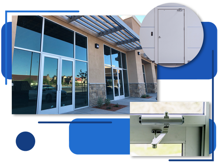 collage of images - commercial building entrance, aluminum door, and a commercial door hinge