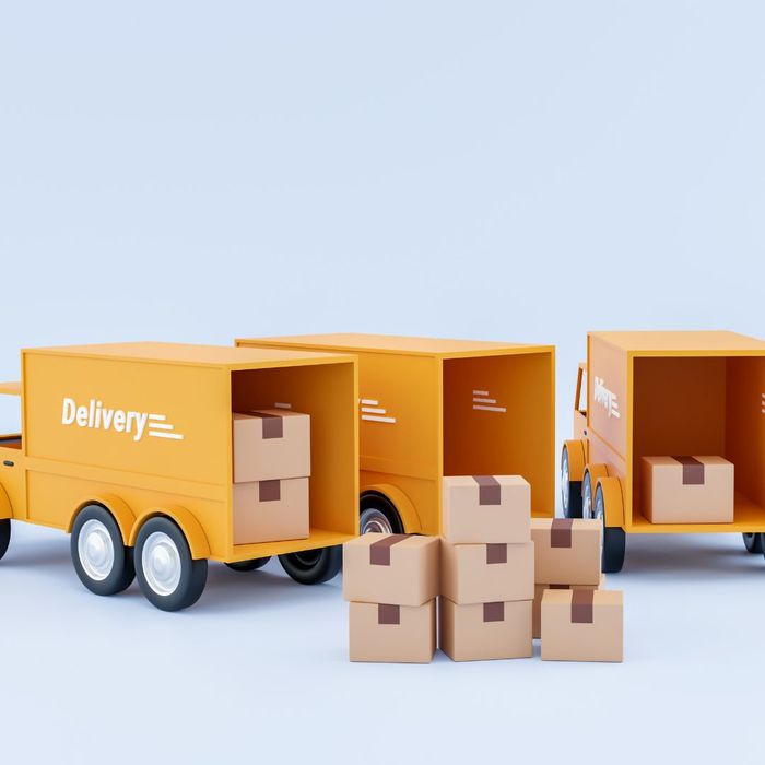 3 animated yellow delivery trucks