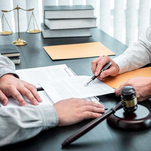 lawyer talking to a client.