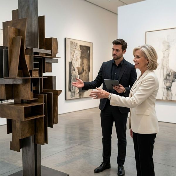 an affluent woman (mature, sophisticated) gesturing toward a significant, large abstract sculpture she is acquiring
