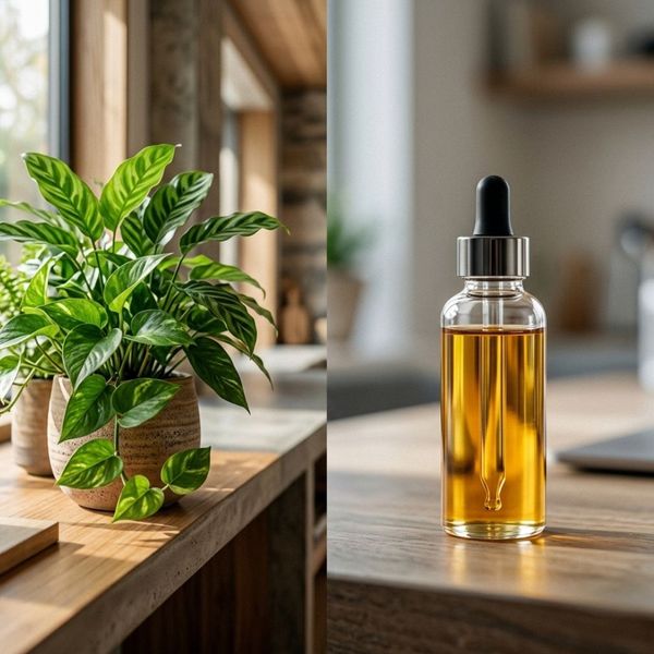A split image showing a natural green plant next to a modern glass vial of golden liquid.