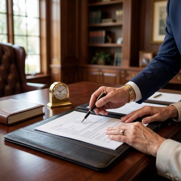 mature hands reviewing a detailed estate planning analysis document with a financial professional in a high-end, wood-paneled office