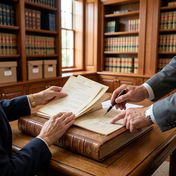 an attorney and a client restructuring a legal trust framework, reviewing a technical asset-allocation diagram inside a vintage ledger book in a law library
