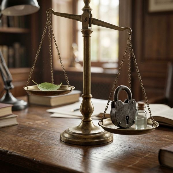 Brass scales of justice weighing a light green leaf against a heavy padlock and glass vial.