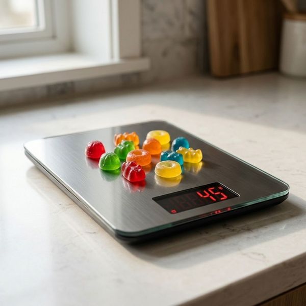 Colorful gummy candies resting on a digital kitchen scale with a red display.