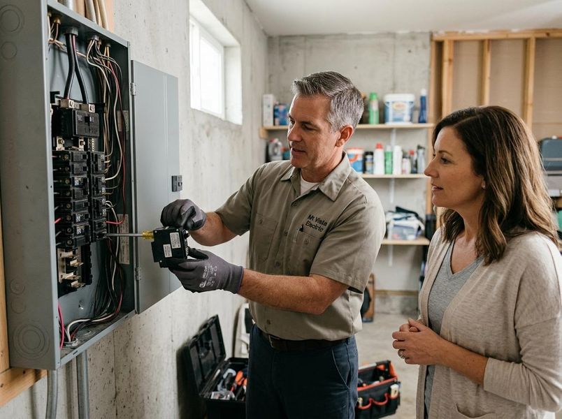 Electrician installing a circuit breaker while homeowner watches