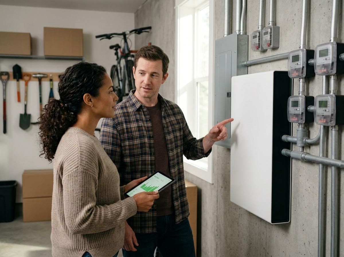 Couple reviewing home energy system in garage