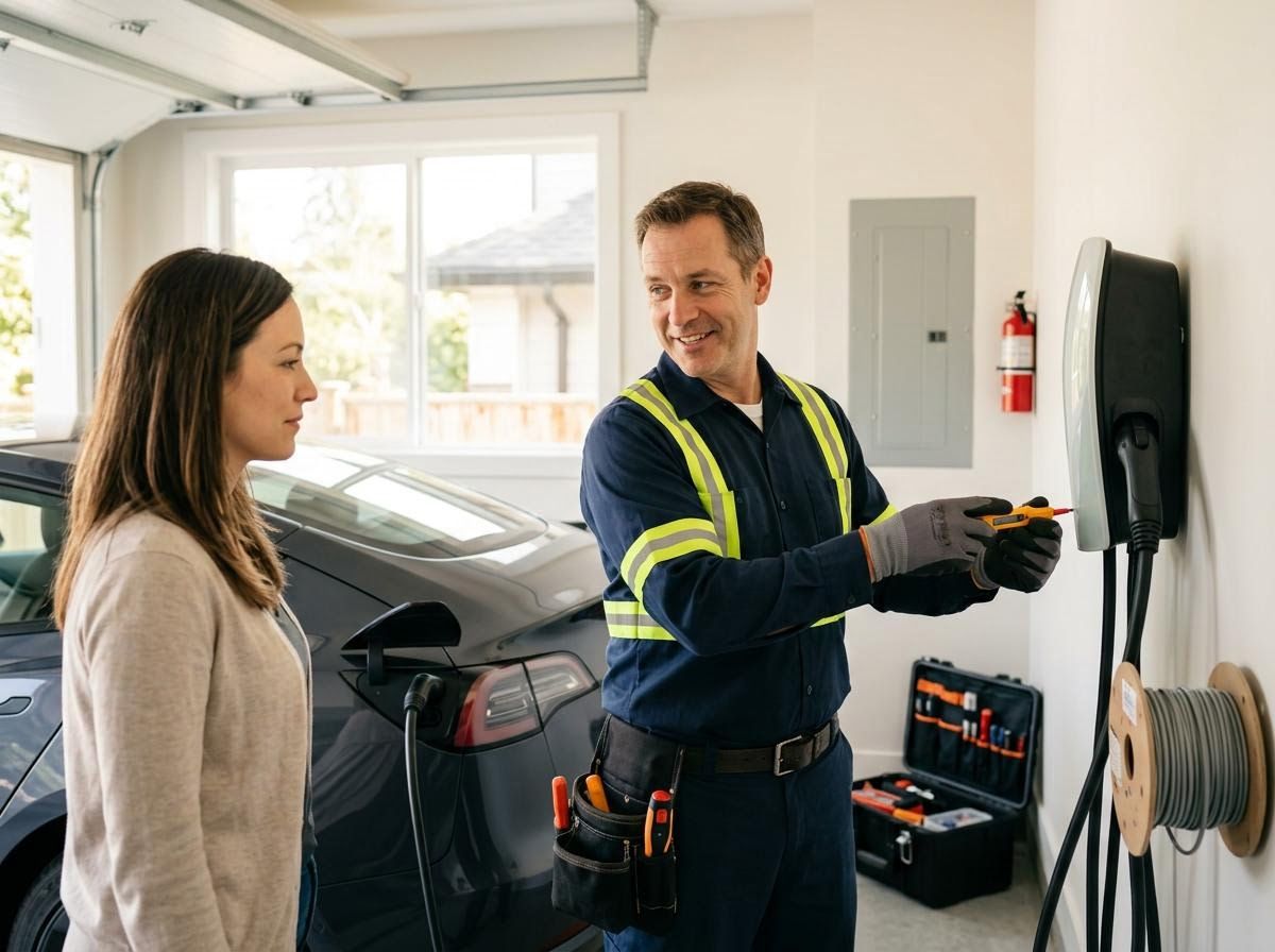 Electrician Installing EV Charging Station in Home Garage